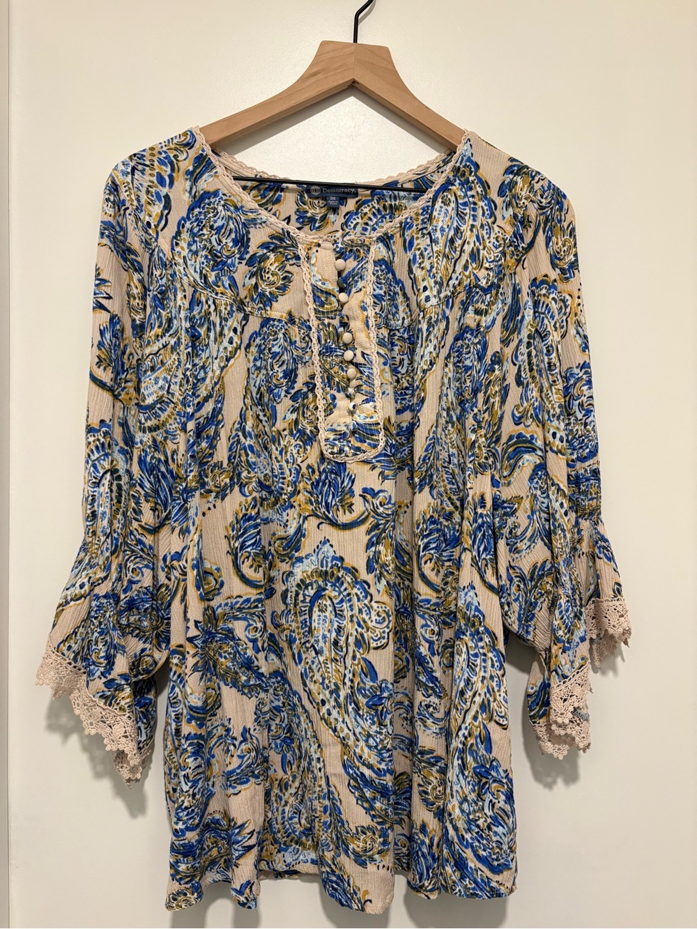 Democracy 3X Blue Paisley Crochet Lace Bell Sleeve Peasant Blouse
